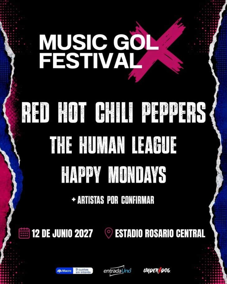 Music Gol Festival 2027: Red Hot Chili Peppers, The Human League y Happy Mondays en Rosario