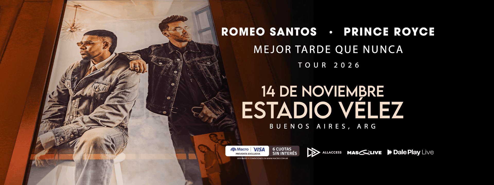 Romeo Santos en Argentina 2026: Estadio Vélez con Prince Royce